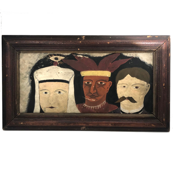 Marvelous Oil on Board Triple Portrait, with Logan Drake, Founder of Silver Beach Amusement Park