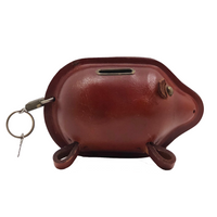Leather Mid-Century Piggy Bank with Lock and Keys