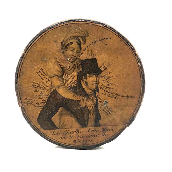 Rare Early (c. 1800) French Papier Mache Snuff Box, The Burdens of the Husband!