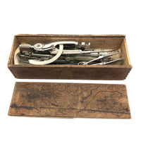 Lot of Drafting Tools in Old Drawn Upon Slide Top Box