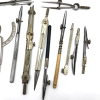 Lot of Drafting Tools in Old Drawn Upon Slide Top Box