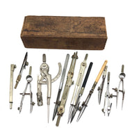 Lot of Drafting Tools in Old Drawn Upon Slide Top Box