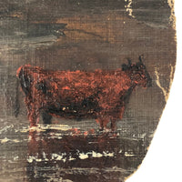 Miniature Antique Oil on Canvas Cow Painting in Silhouette Frame