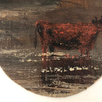 Miniature Antique Oil on Canvas Cow Painting in Silhouette Frame