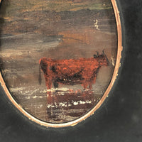 Miniature Antique Oil on Canvas Cow Painting in Silhouette Frame