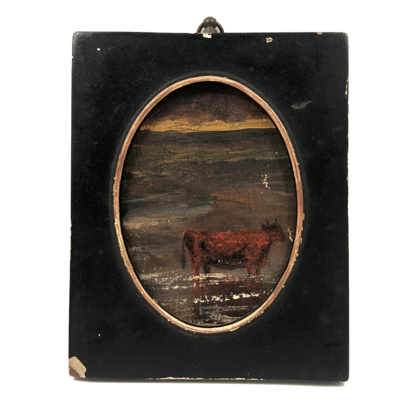 Miniature Antique Oil on Canvas Cow Painting in Silhouette Frame