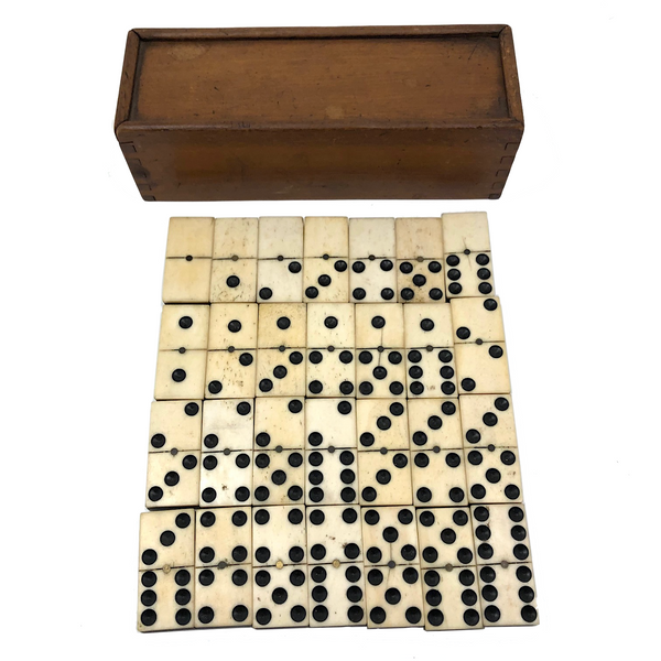 Victorian Bone Dominoes, Complete Double Six Set in Original Slide Top Box