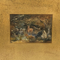 Antique Deer in Landscape Watercolor in Period Gilded Frame