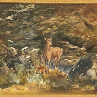 Antique Deer in Landscape Watercolor in Period Gilded Frame