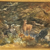 Antique Deer in Landscape Watercolor in Period Gilded Frame