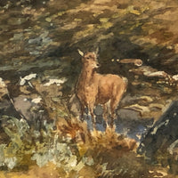 Antique Deer in Landscape Watercolor in Period Gilded Frame