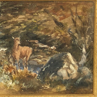 Antique Deer in Landscape Watercolor in Period Gilded Frame
