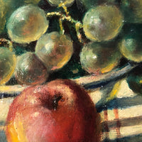 Vintage Russian Oil on Board Still Life with Melon, Apples, Grapes