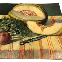 Vintage Russian Oil on Board Still Life with Melon, Apples, Grapes