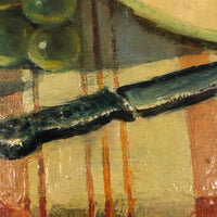 Vintage Russian Oil on Board Still Life with Melon, Apples, Grapes