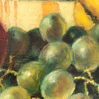 Vintage Russian Oil on Board Still Life with Melon, Apples, Grapes