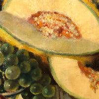 Vintage Russian Oil on Board Still Life with Melon, Apples, Grapes