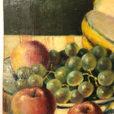Vintage Russian Oil on Board Still Life with Melon, Apples, Grapes