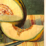 Vintage Russian Oil on Board Still Life with Melon, Apples, Grapes