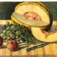 Vintage Russian Oil on Board Still Life with Melon, Apples, Grapes