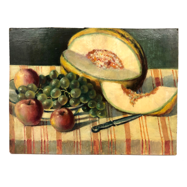 Vintage Russian Oil on Board Still Life with Melon, Apples, Grapes