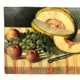 Vintage Russian Oil on Board Still Life with Melon, Apples, Grapes