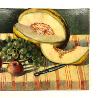 Vintage Russian Oil on Board Still Life with Melon, Apples, Grapes