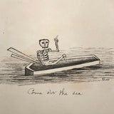 John Burton 1830 Pen and Ink Skeleton in Floating Coffin Drawing, "Come O'er the Sea"