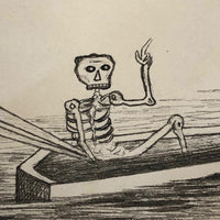 John Burton 1830 Pen and Ink Skeleton in Floating Coffin Drawing, "Come O'er the Sea"