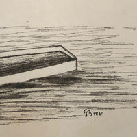 John Burton 1830 Pen and Ink Skeleton in Floating Coffin Drawing, "Come O'er the Sea"