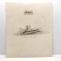 John Burton 1830 Pen and Ink Skeleton in Floating Coffin Drawing, "Come O'er the Sea"