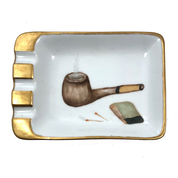 Hand-painted Porcelain Ashtray with Pipe and Matches