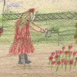 Mary. H. Watering Flowers, Pencil and Crayon Drawing