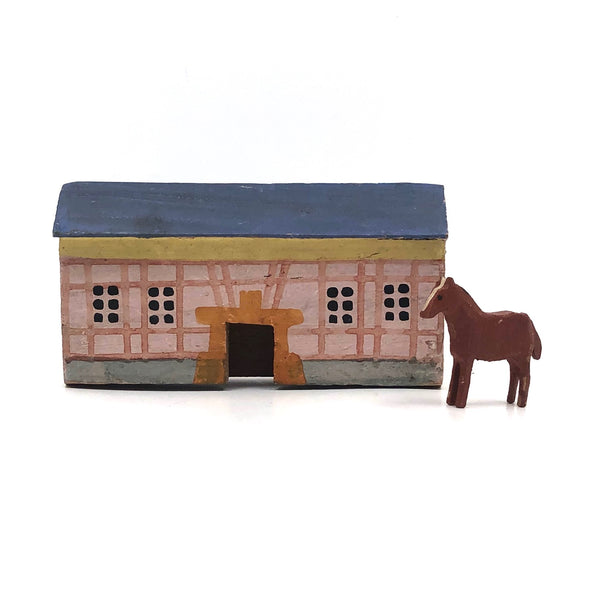 Old Erzgebirge Small Hand-painted Barn with Lone Horse