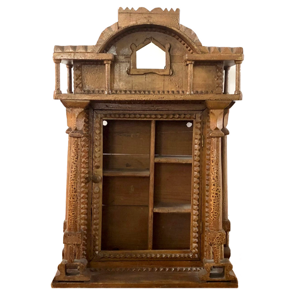 Amazing Architectural Antique Tramp Art Wall Cabinet with Pillars and Mirror