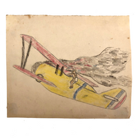 Little Burning Airplane Drawing with Man in Parachute Escaping