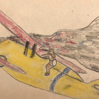 Little Burning Airplane Drawing with Man in Parachute Escaping