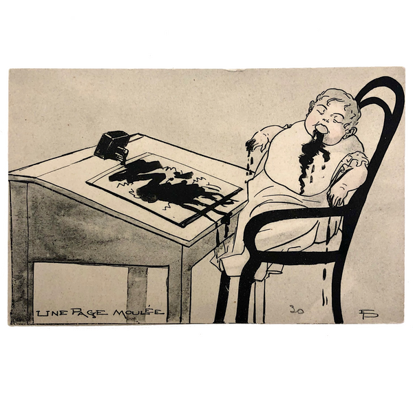 Strange Antique 1903 Postcard with Baby Eating Spilled Ink