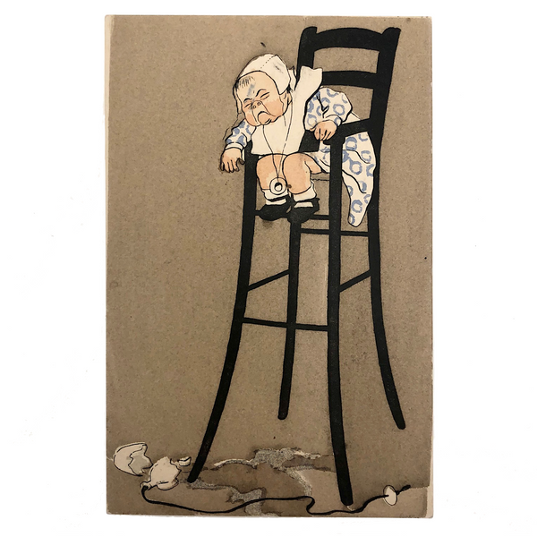 Crying Baby In High Chair Antique French Postcard