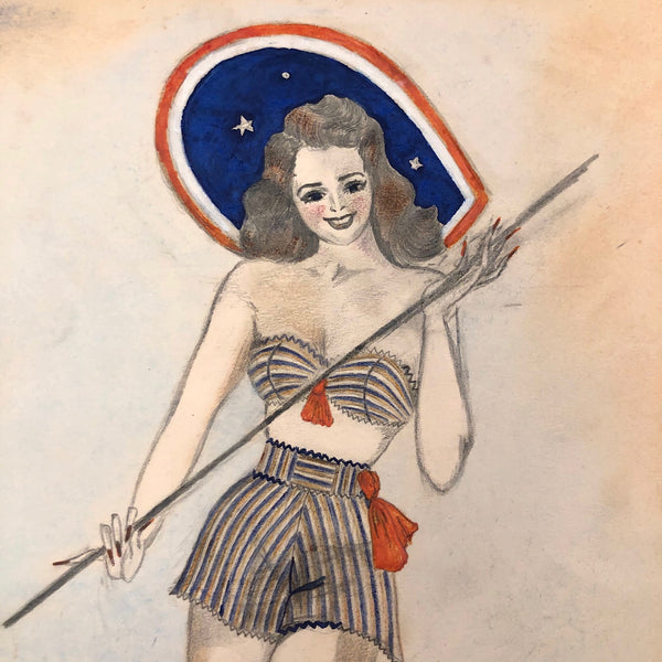 Red White and Blue Pin Up Girl 1940s Drawing Harriet Claire