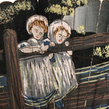 Hand-painted Folding Fan with Two Asian Children on Bridge