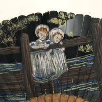 Hand-painted Folding Fan with Two Asian Children on Bridge