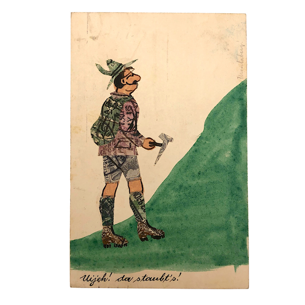 Austrian Hiker at Ursulaberg Stamp Collage and Watercolor Postcard