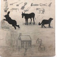 Willis Hutchinson 1883 Double-Sided Sketchbook Drawing: Kite, Animals, Tools, Apple