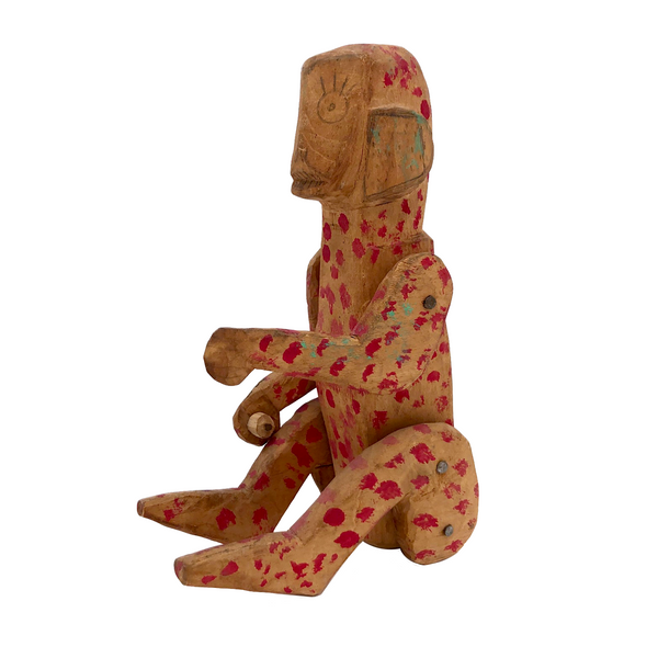Red Spotted Old Carved Folk Art Monkey with Moving Arms