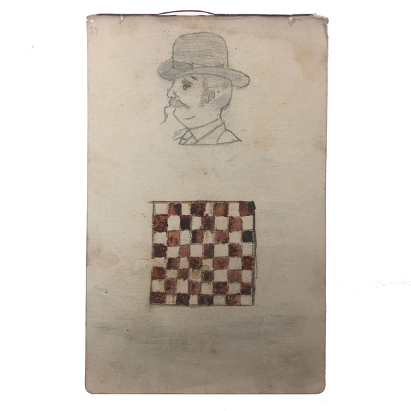 Willis Hutchinson 1883 Double-Sided Sketchbook Drawing: Man in Hat, Checkerboard, Ship