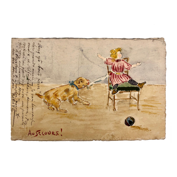 French Watercolor Girl and Dog "Au Secours!" Antique Postcard