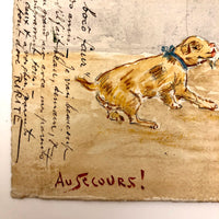 French Watercolor Girl and Dog "Au Secours!" Antique Postcard