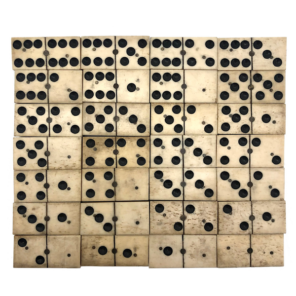 Nice Old Bone and Ebony Complete Double Six Dominoes in Original Slide Top Box
