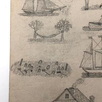 Willis Hutchinson 1883 Double-Sided Sketchbook Drawing: People on Horses, House, Croquet, Hammock